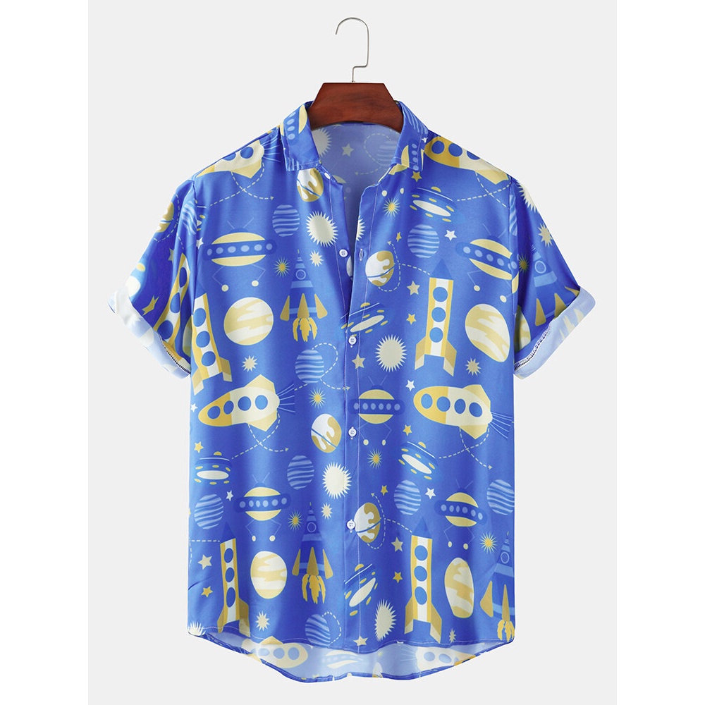 Funny Cartoon Space Print Lapel Collar Casual Mens Short Sleeve Shirts - White L
