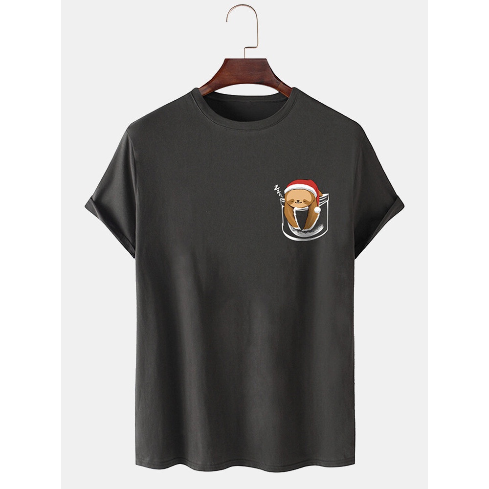 Mens 100% Cotton  Bear O-Neck Solid Color Thin T-Shirt - Black S