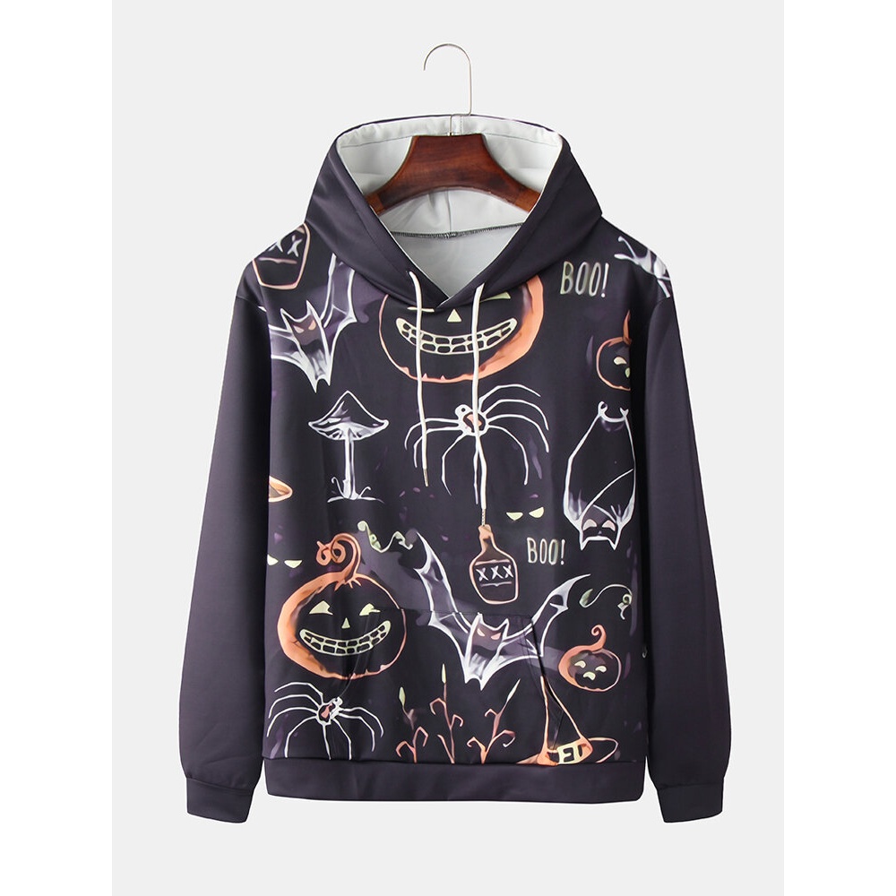 Mens  Funny Pumpkin Bat Print Pouch Pocket Drawstring Hoodies - Black S