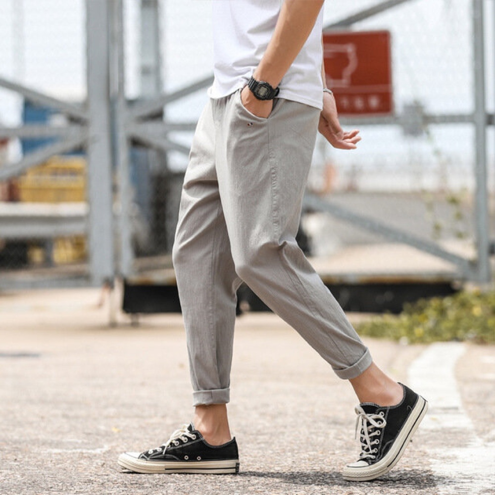 Chinese Style Solid Color Linen Straight Nine Pants Men's Large Size Casual Trend Feet Men's Pants Season Pants Men - 3XL Light Gray