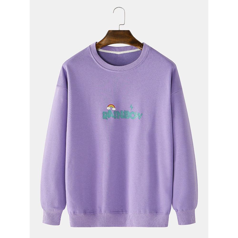 Mens Letter Print Drop Shoulder Long Sleeve Cotton Pullover Sweatshirts - Purple 3XL