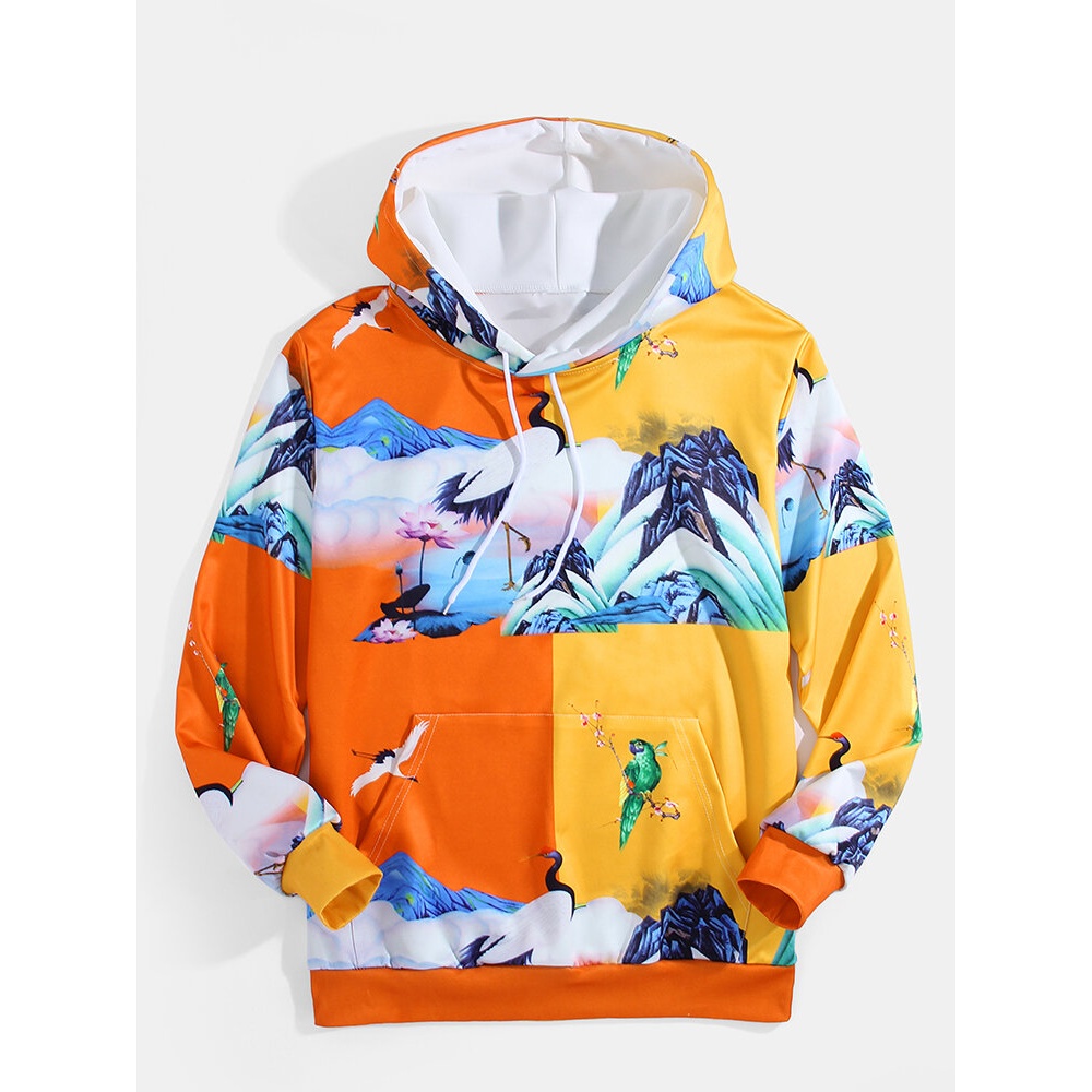 Mens Animal & Landscape Print Patchwork Drawstring Hoodies With Kangaroo Pocket - L Yellow