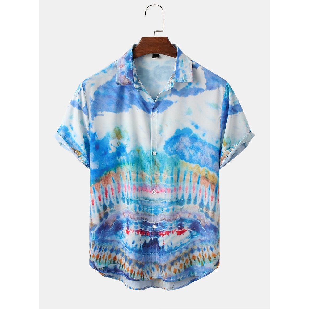 Mens Holiday Tie Dye Patterns Print Casual Shirts - Blue L