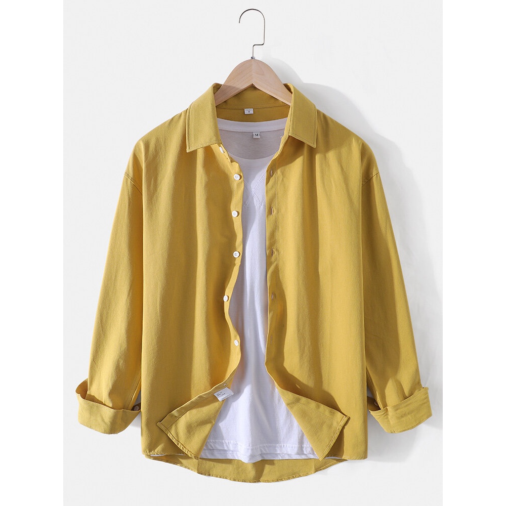 Mens Cotton Solid Color Lapel Long Sleeve Casual Shirts - Yellow XL