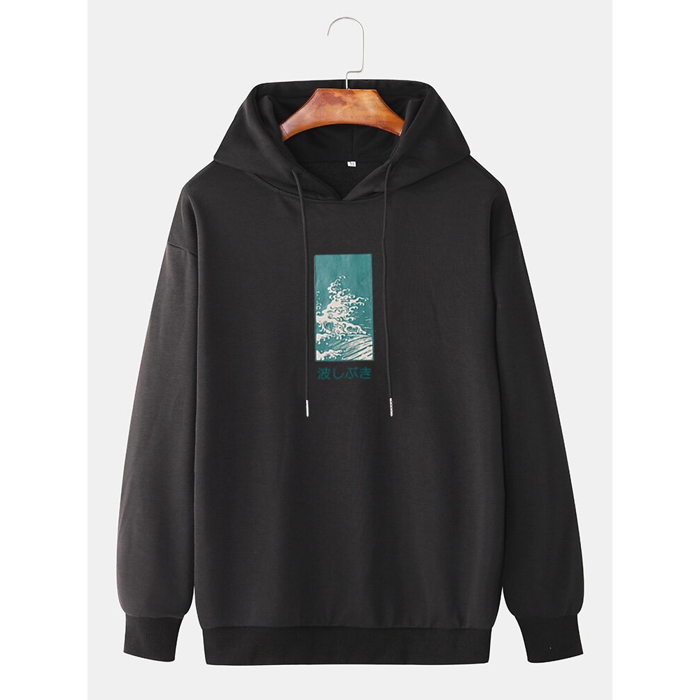 Mens Cotton Landscape Print Long Sleeve Drop Shoulder Simple Hoodies - Black S