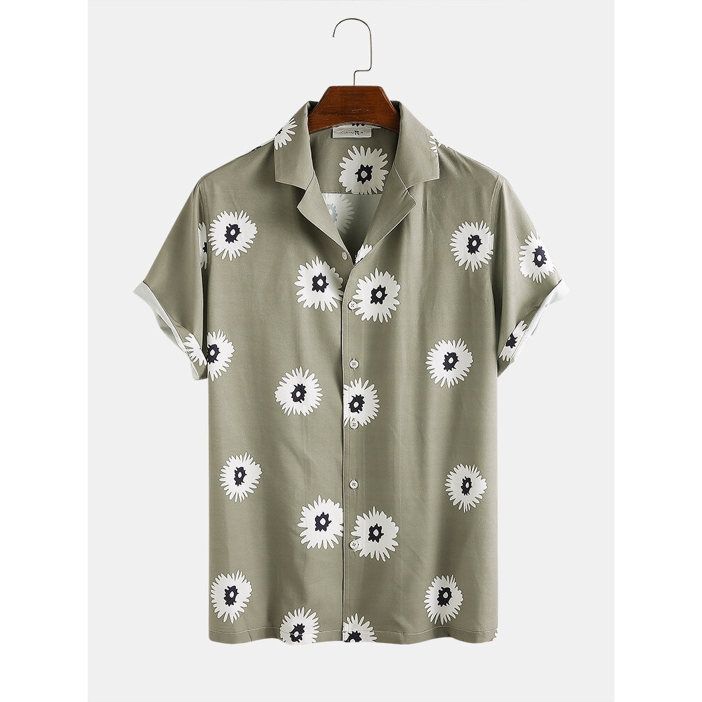 Little Daisy Print Turn Down Collar Casual Holiday Short Sleeve Shirts For Men Women - Army Green L