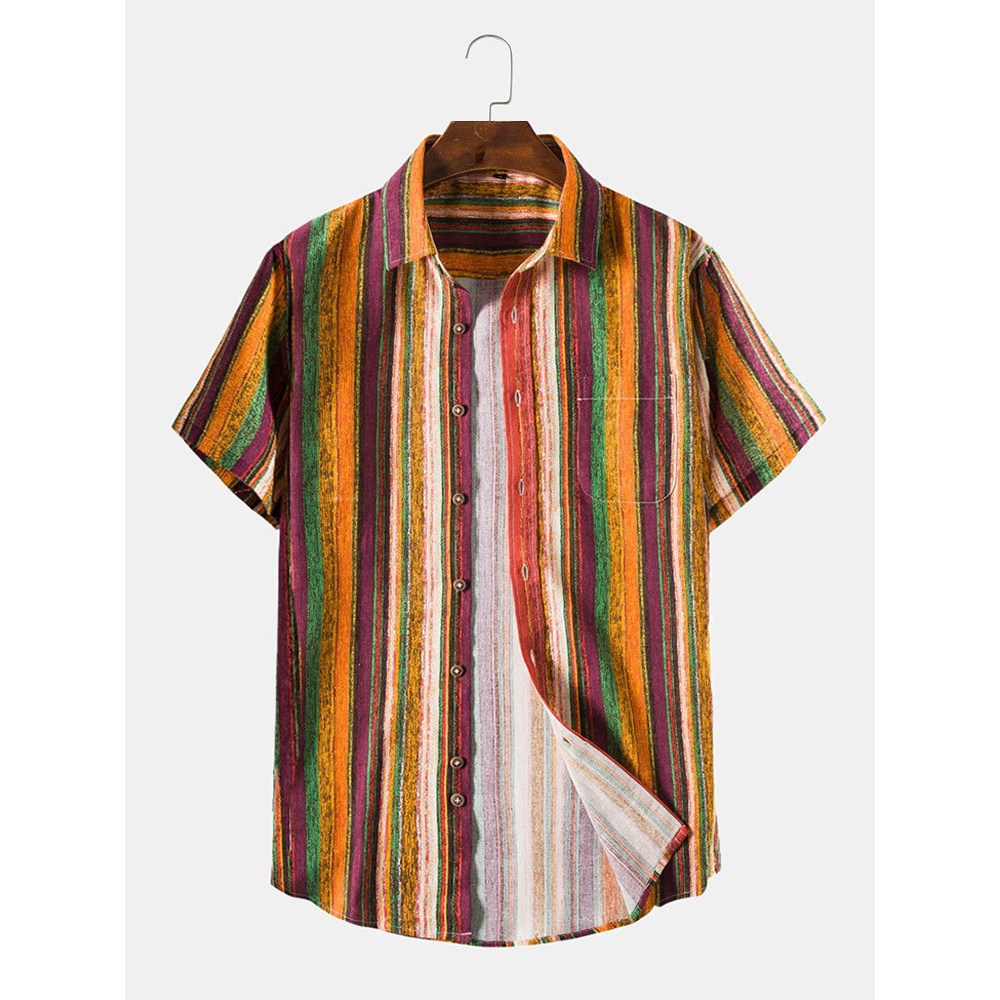 Mens Cotton Linen Colorful Striped Breathable Short Sleeve Casual Shirts - Red M