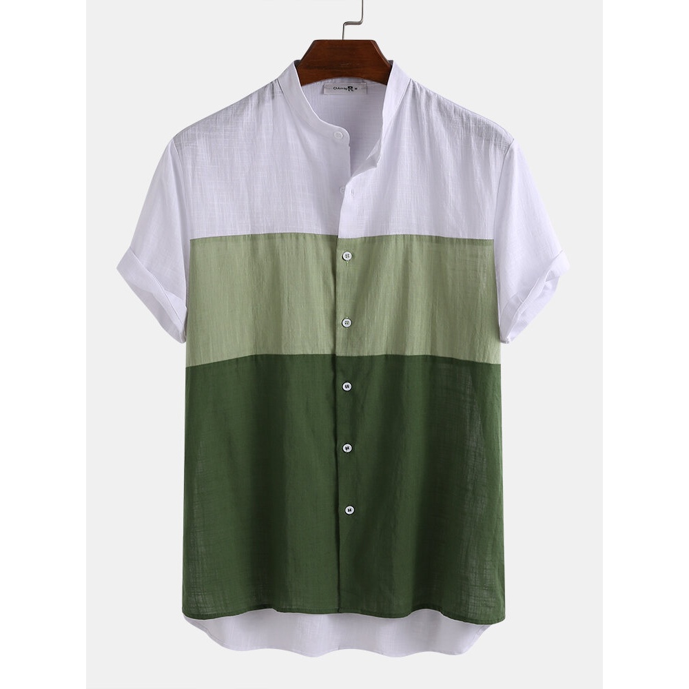 Mens 100% Cotton Gradient Color Block Patchwork Stand Color Casual Short Sleeve Shirts - Yellow 3XL