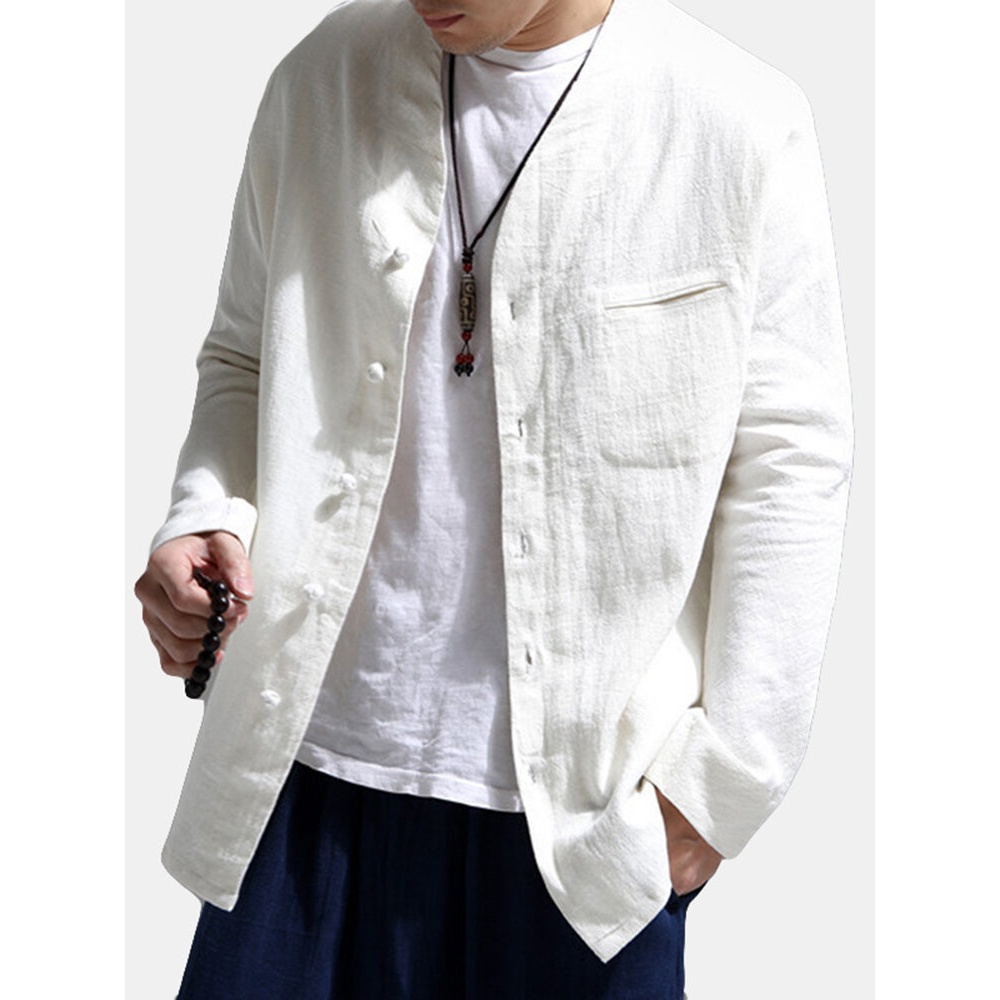 Mens Vintage Pocket Stand Collar Long Sleeve Casual Shirts - M Red