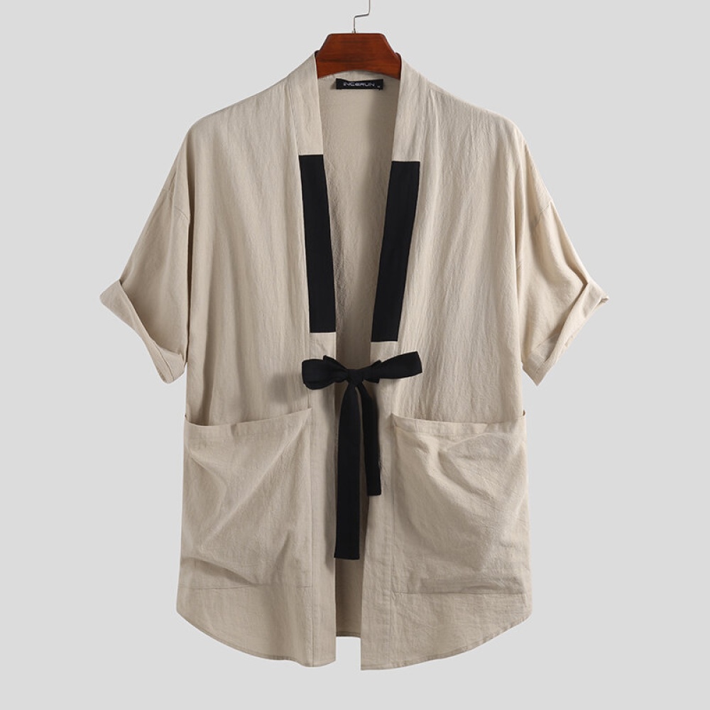 Mens 100% Cotton Big Pockets Drawstring Half Sleeve Shirts - 4XL Black