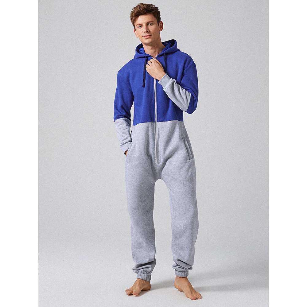 Men Fashion Velvet Thick Contrast Color Zipper Hooded Loungewear Jumpsuit - L Blue
