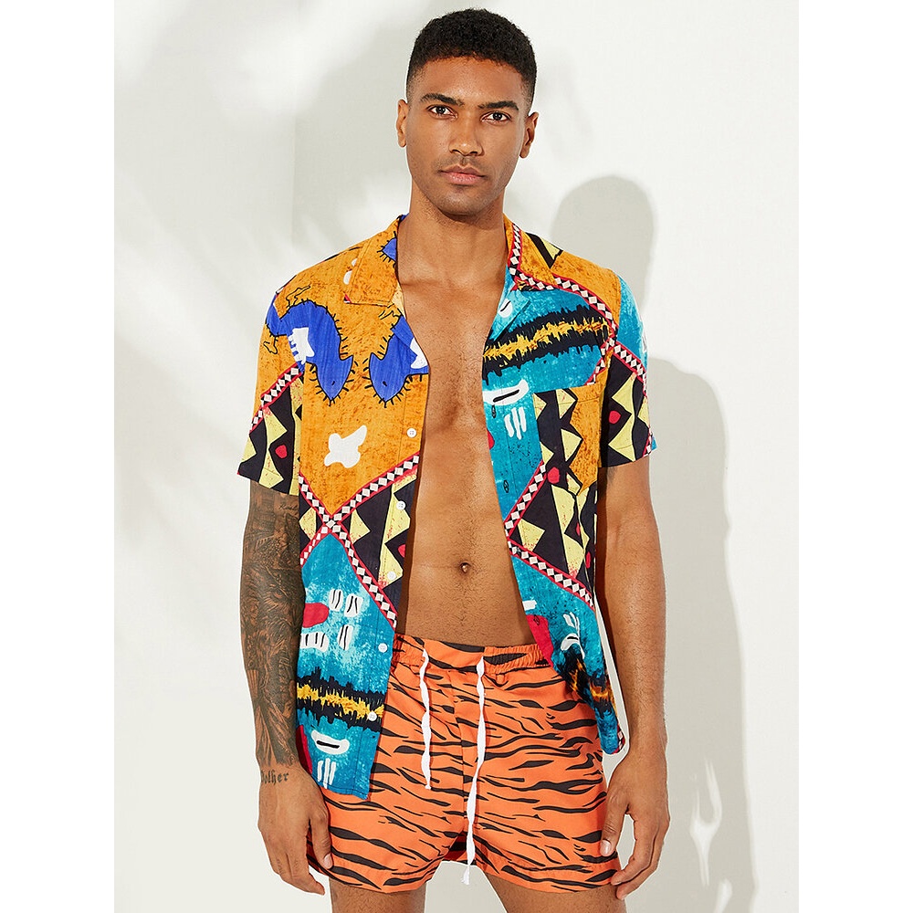 Mens Summer Color Block Cotton Loose Hawaii Shirts - XL Purple