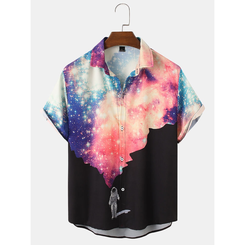 Mens Galaxy & Astronaut Print Button Up Short Sleeve Shirts - Black XL