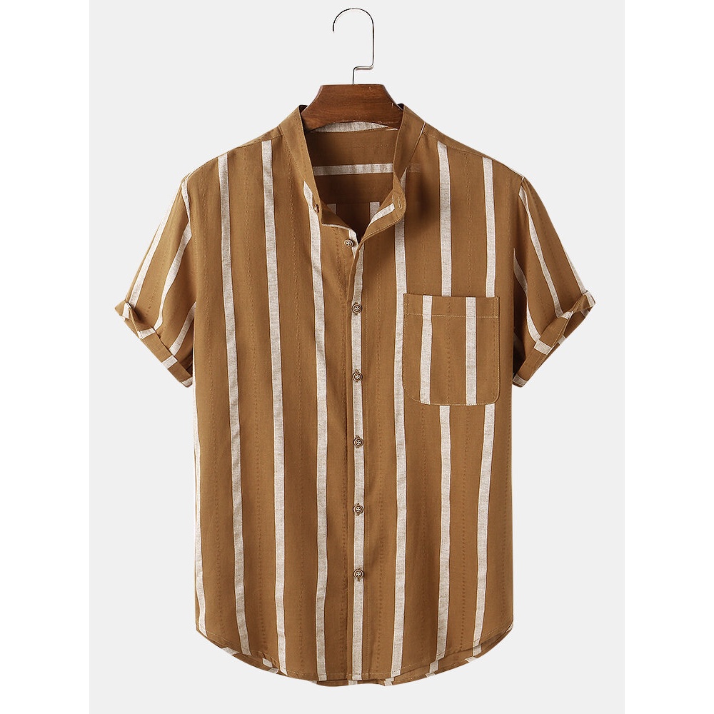 Mens Vintage Striped Pocket Stand Collar Shirts - Brown L