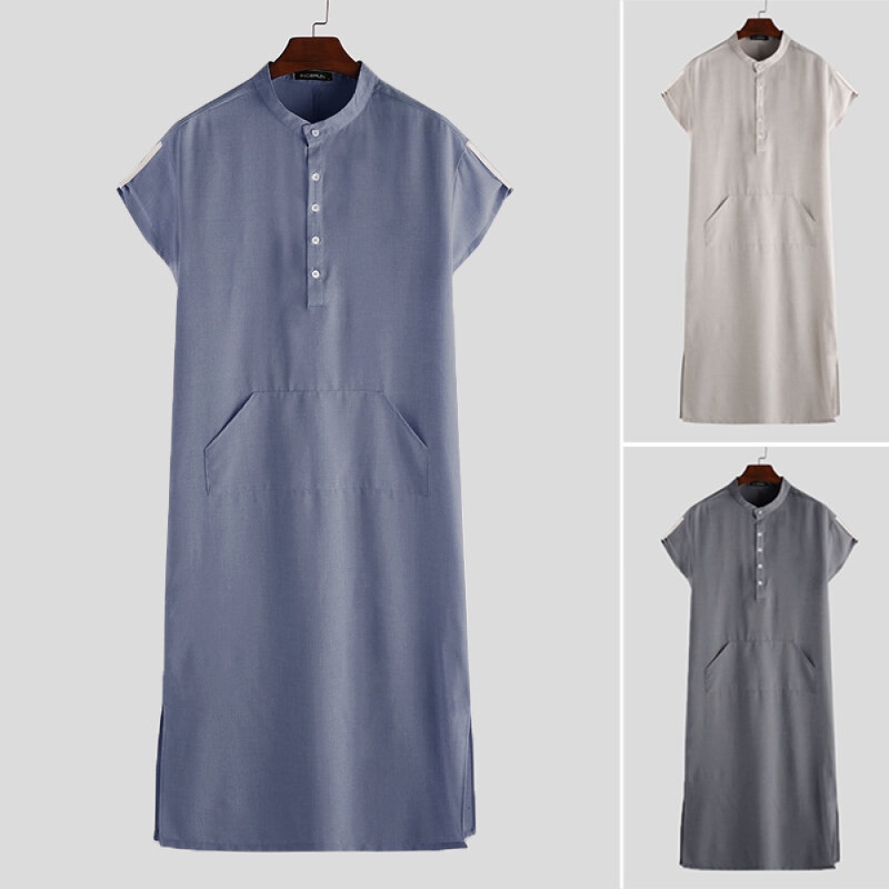 Men's Vintage Loose Short Sleeve Solid Color Long Shirts - M Beige