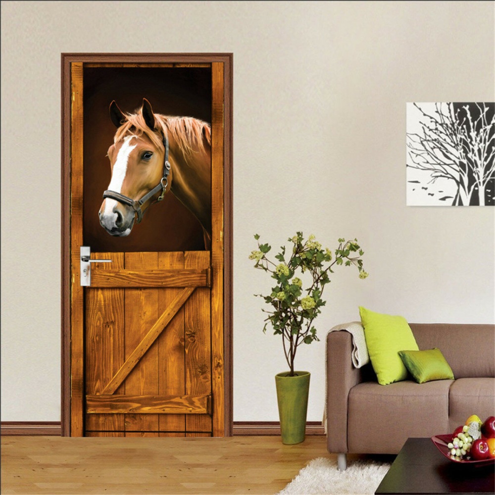 Self Adhesive Mural Decals 3D Horse Door Wall Sticker Wrap Home Decor 77x200cm - Image 2