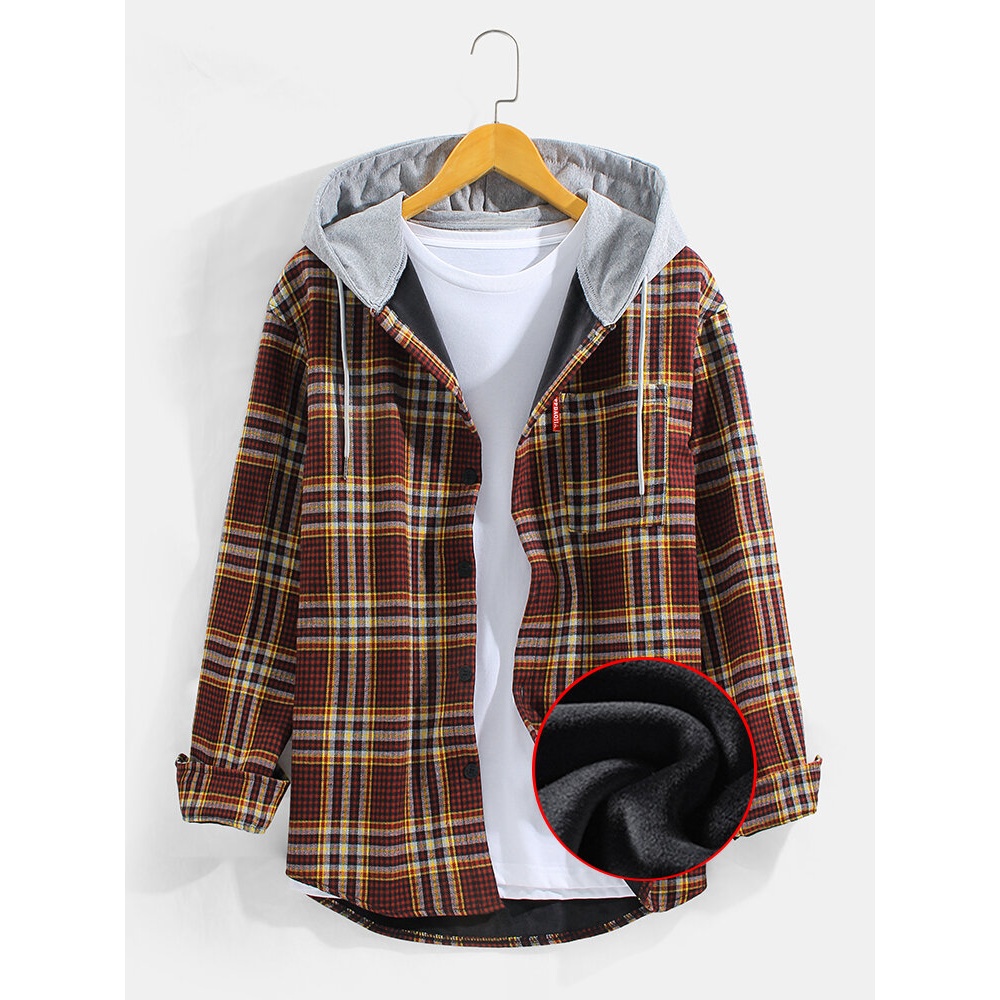 Mens Vintage Plaid Chest Pocket Warm Plush Lined Thick Long Sleeve Hooded Shirts - Red M