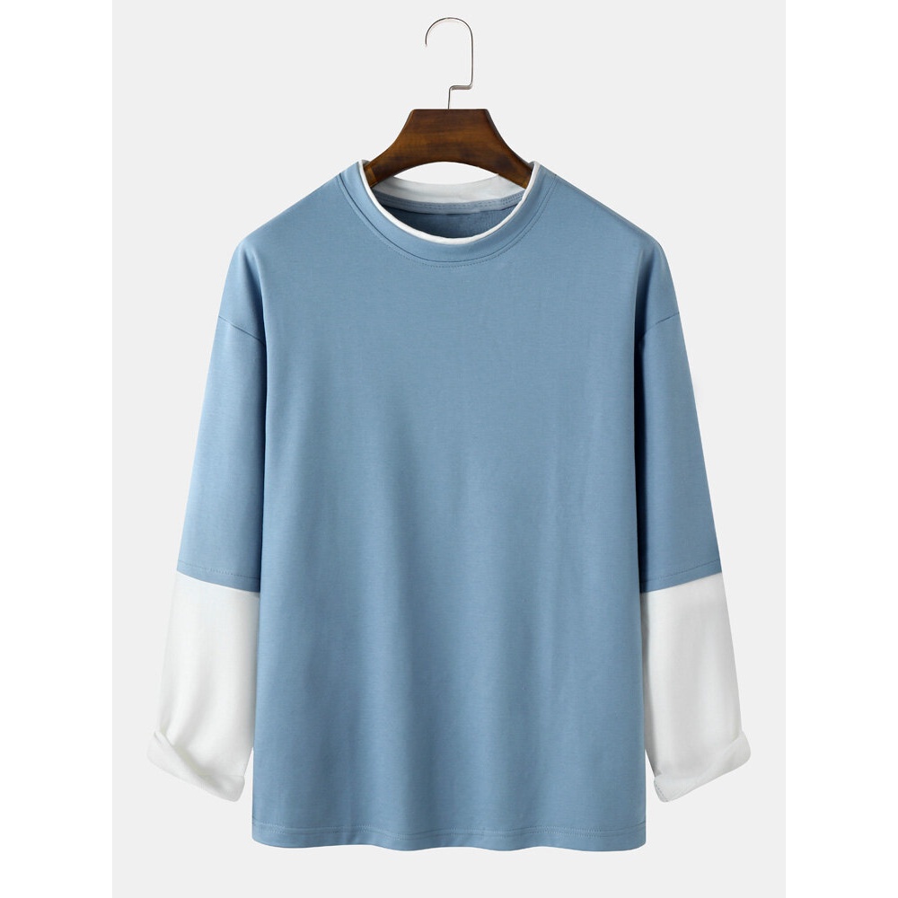 Mens Faux Two Pieces Dropped Shoulder Sleeve T-Shirt - White XL