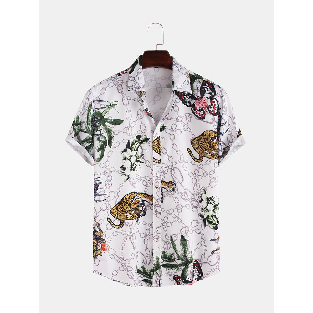 Men Tiger Butterfly Pattern Printed Summer Short Sleeve - 3XL White