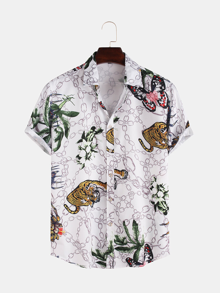 Men Tiger Butterfly Pattern Printed Summer Short Sleeve - 3XL White