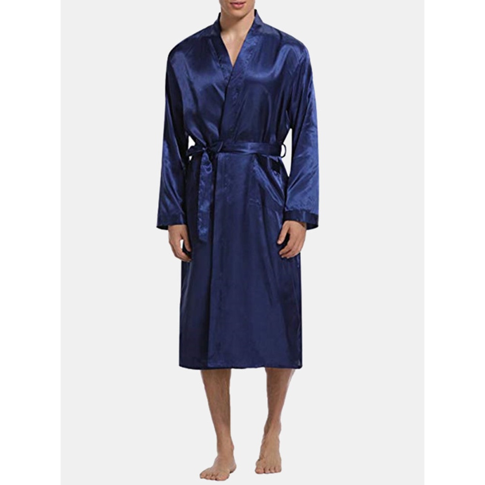 Mens Comfortable Mid Long Bathrobe Lightweight Sleepwear Loungewear - L Navy