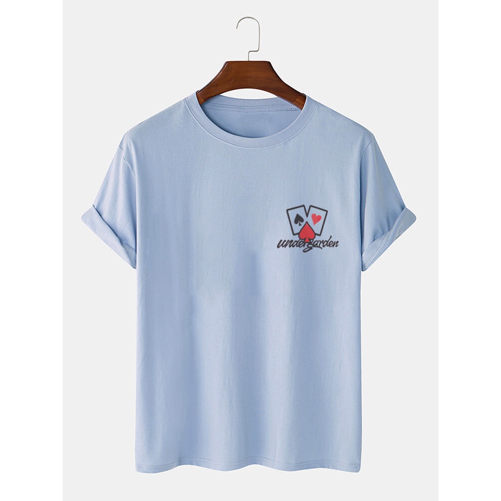 Mens Casual 100% Cotton Poker Chest Print Short Sleeve T-Shirts - Khaki M