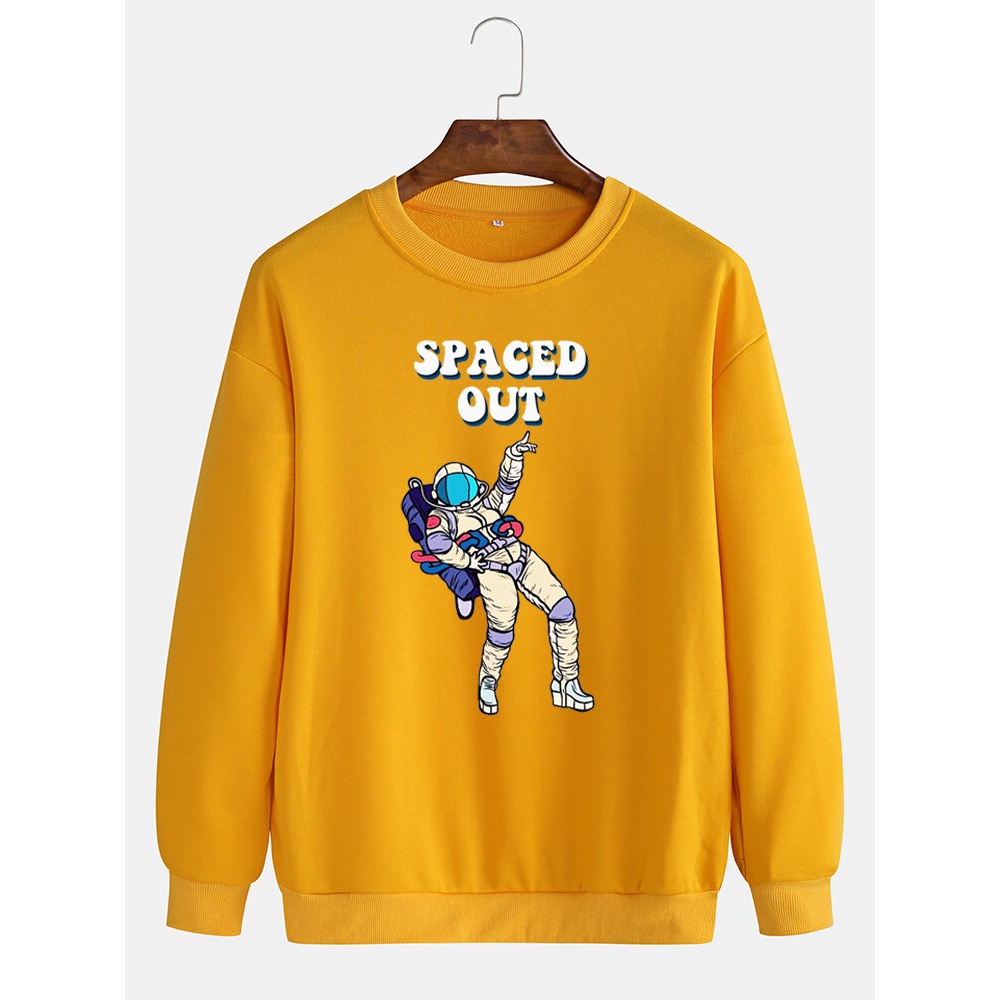 Cotton Mens Funny Astronaut Pattern Letter Print Pullover Long Sleeve Casual Sweatshirts - Yellow M