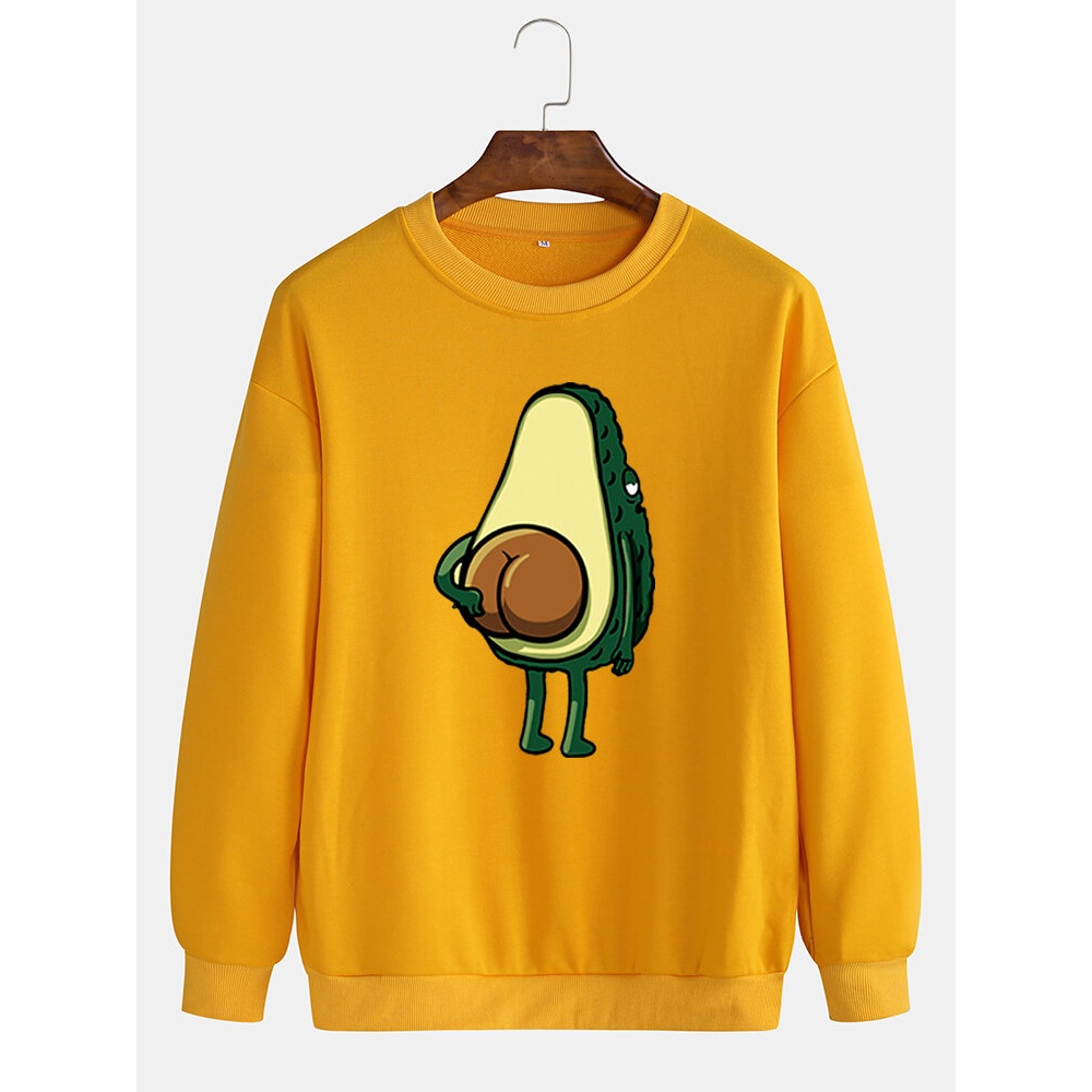 Mens Cartoon Avocado Print Pullover Long Sleeve Drop Shoulder Cute Sweatshirts - Black XL