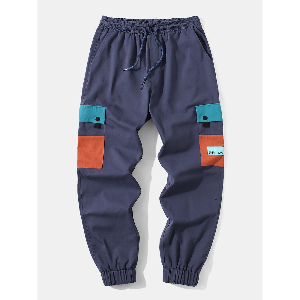 Mens 100% Cotton Drawstring Cuffed Cargo Pants With Contrast Pocket - Navy S