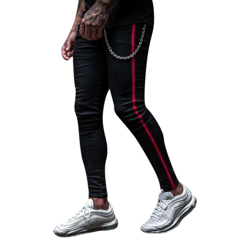 Mens Sport Breathable Stripe Slim Casual Pants - XL Black - Image 2
