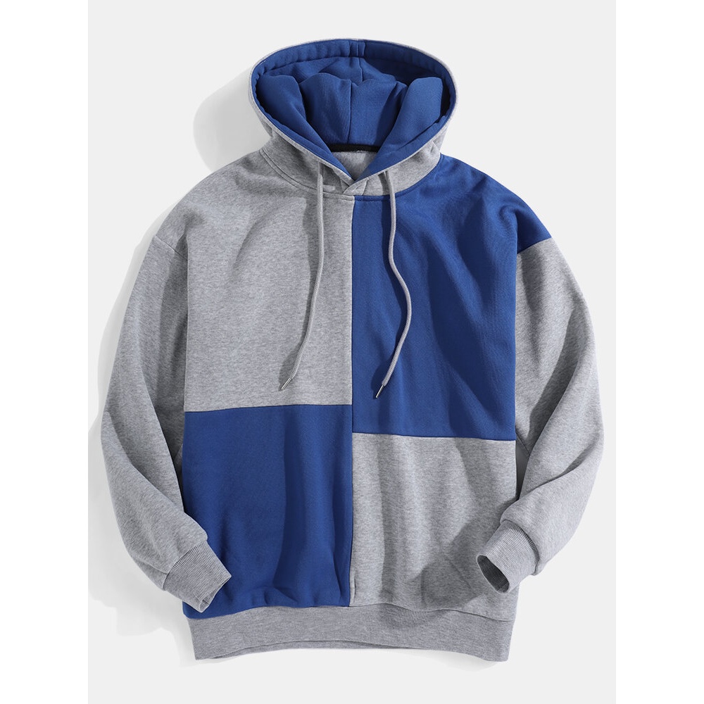 Mens Contrast Color Block Stitching Loose Casual Drawstring Hoodies - Grey S