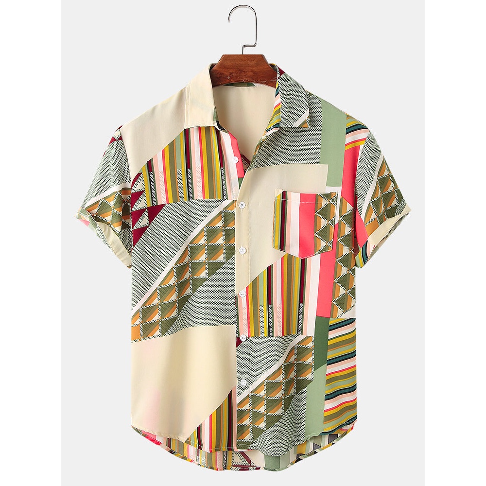 Mens Designed Colorblock Stripe Print Casual Shirts - Orange S