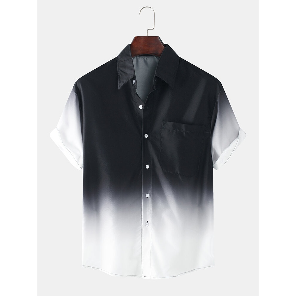 Mens Fashion Gradient Color Breathable Pocket Casual Shirts - Black L