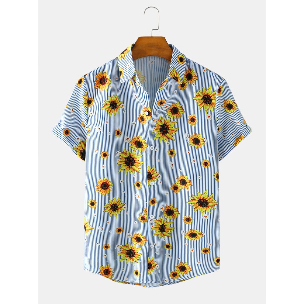 Mens Stripe Splice Floral Print Funny Short Sleeve Lapel Collar Shirts - Blue L