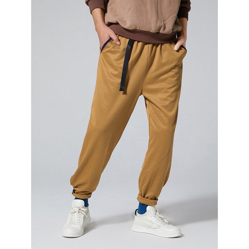 Mens Vintage Drawstring Pockets Elastic Waist Pants - M Blue