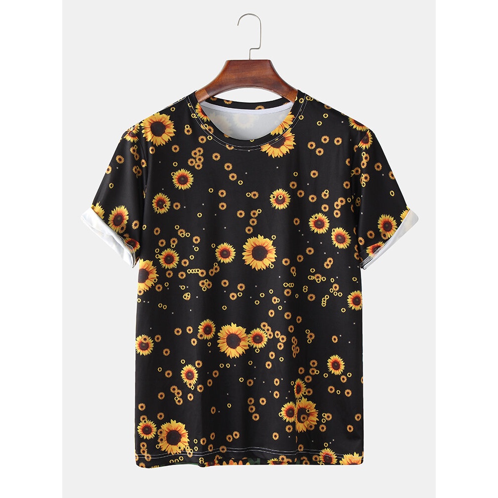 Mens Casual Sunflowers Print Crew Neck Short Sleeve T-Shirts - Black L