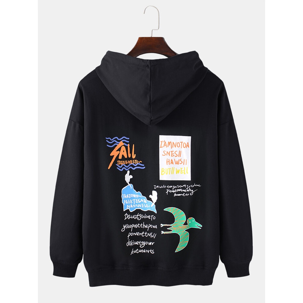 Mens Design Graffiti Letter Back Print Drop Shoulder Long Sleeve Cotton Hoodies - Grey L