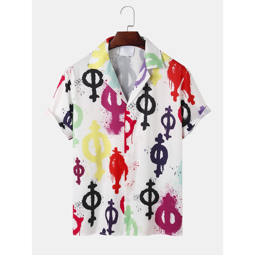 Mens Fashion Graffiti Pattern Casual Shirts - White S