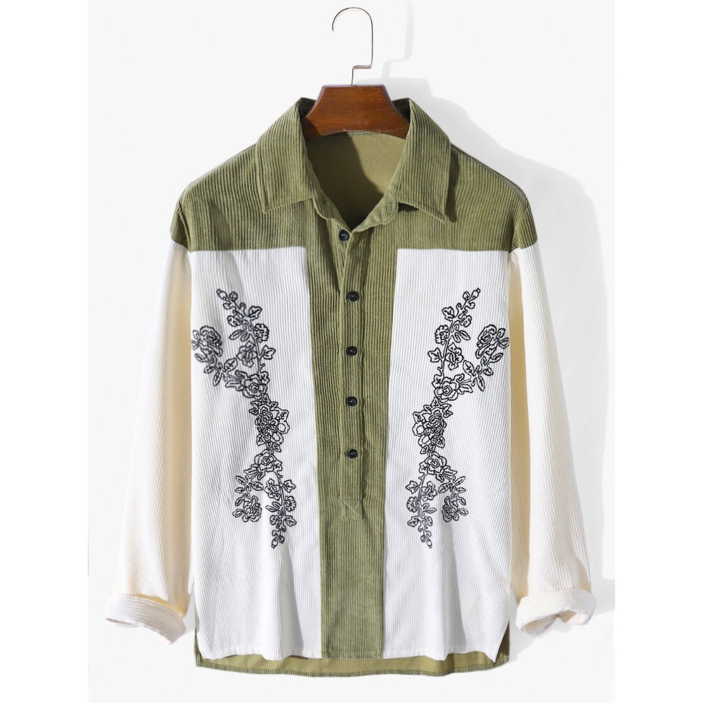 Men Patchwork Contrast Color Block Long Sleeve Buttons Henley Shirts - Army Green S