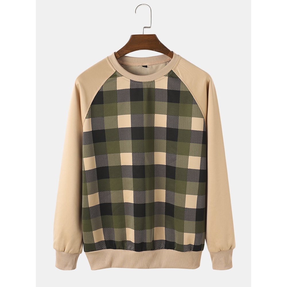 Mens Check Print Patchwork Raglan Sleeve Crew Neck Casual Plaid Sweatshirt - Khaki XL