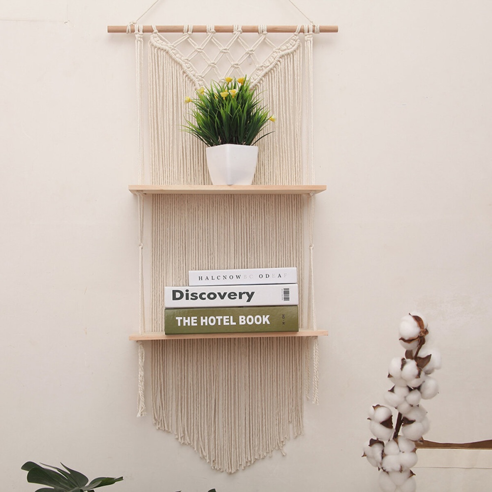 Hand-woven Macrame Bohemia Modern Rack Storage Rack Sling Wood Shelf for Wall Decoration