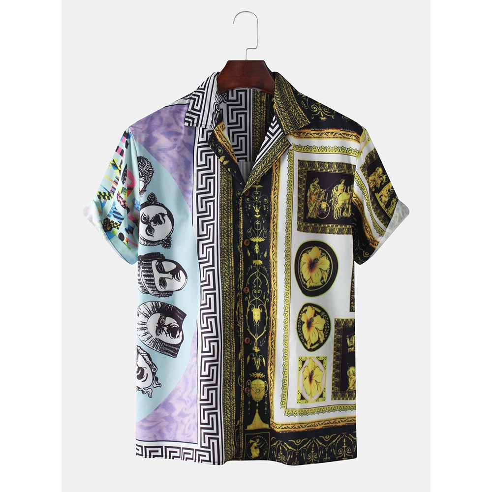 Mens Characters Bandana Print Baroque Loose Short Sleeve Shirts - Gold S