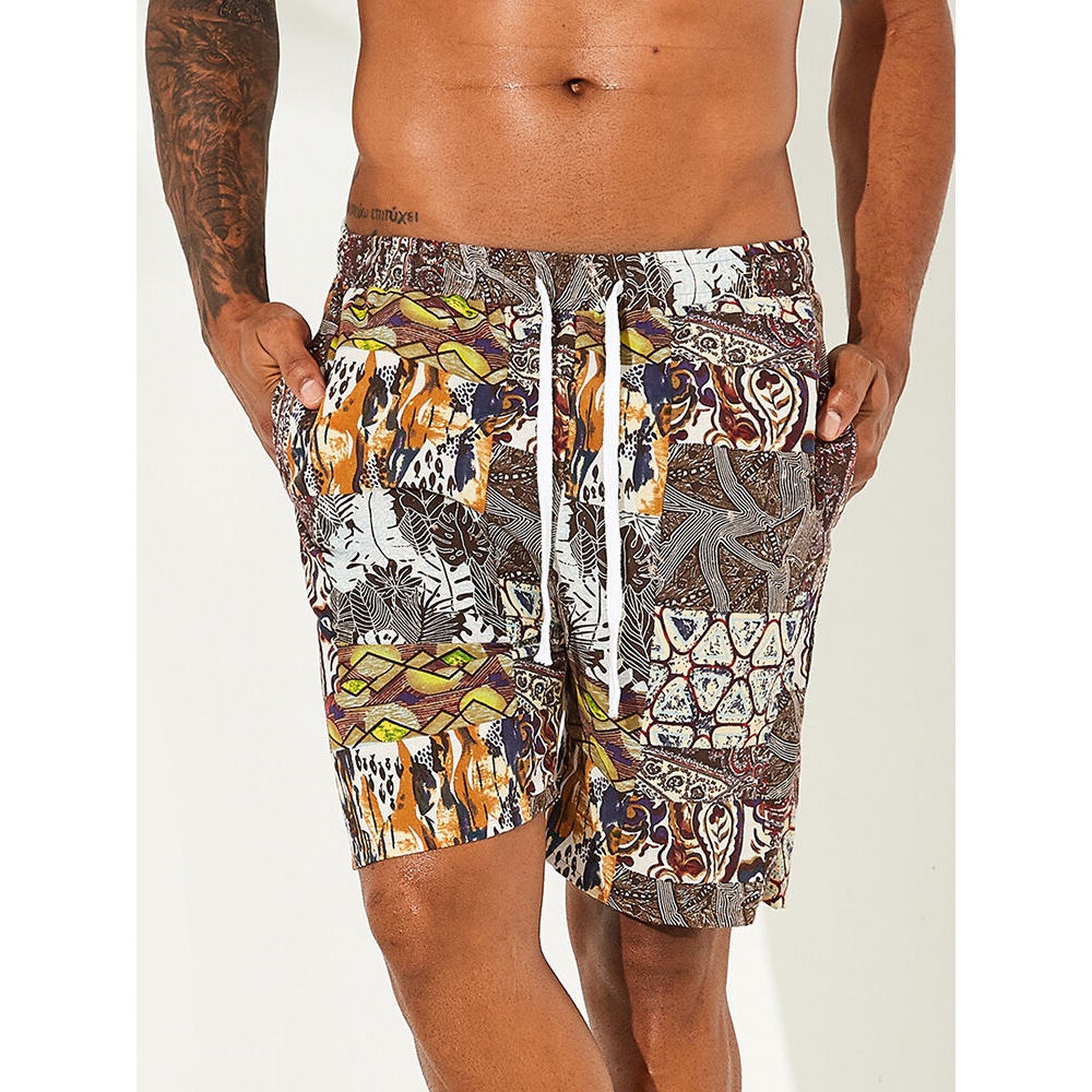 Mens Holiday Colorful Printing Elastic Waist Loose Fit Beach Summer Shorts - 3XL Brown