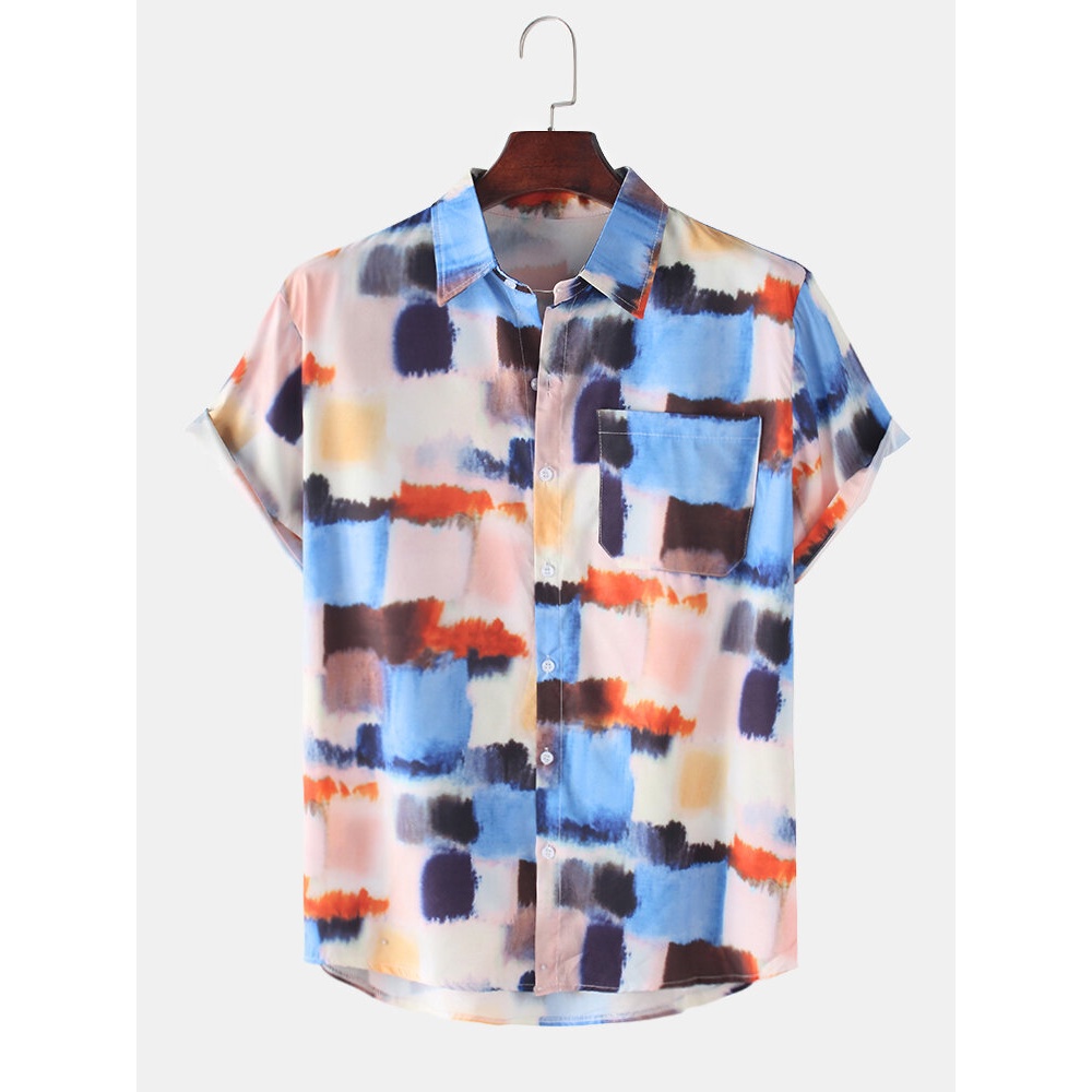 Mens Designer Colorful Watercolor Print Lapel Collar Casual Short Sleeve Shirts - Blue L