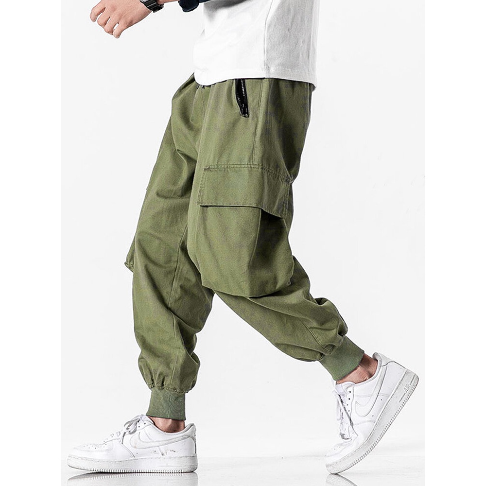 Mens 100% Cotton Utility Solid Color Drawstring Waist Cargo Pants - S Army Green