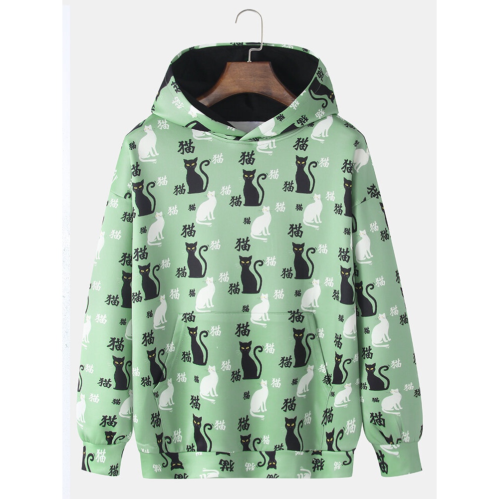 Mens Cartoon Cat Pattern Text Print Long Sleeve Kangaroo Pocket Cute Hoodies - Green M