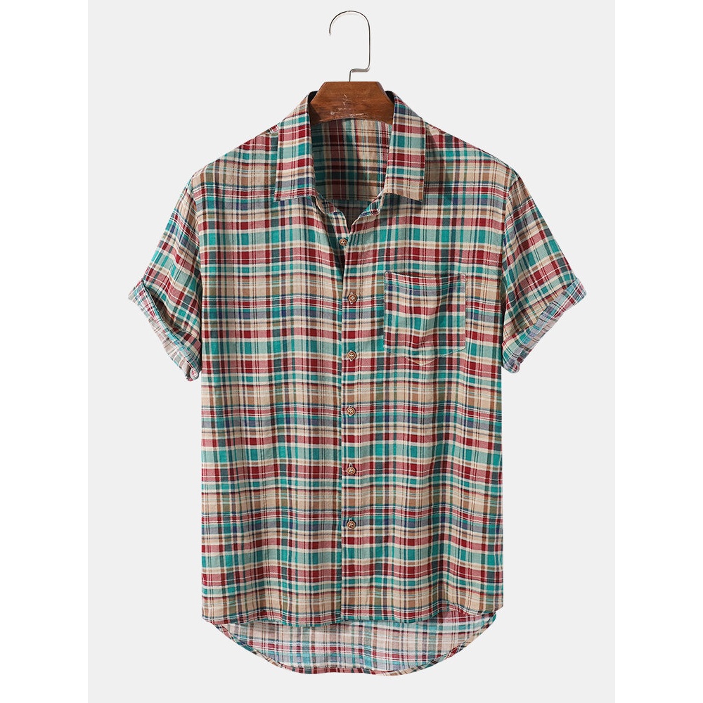Mens 100% Cotton Plaid Pocket Casual Shirts - Green S