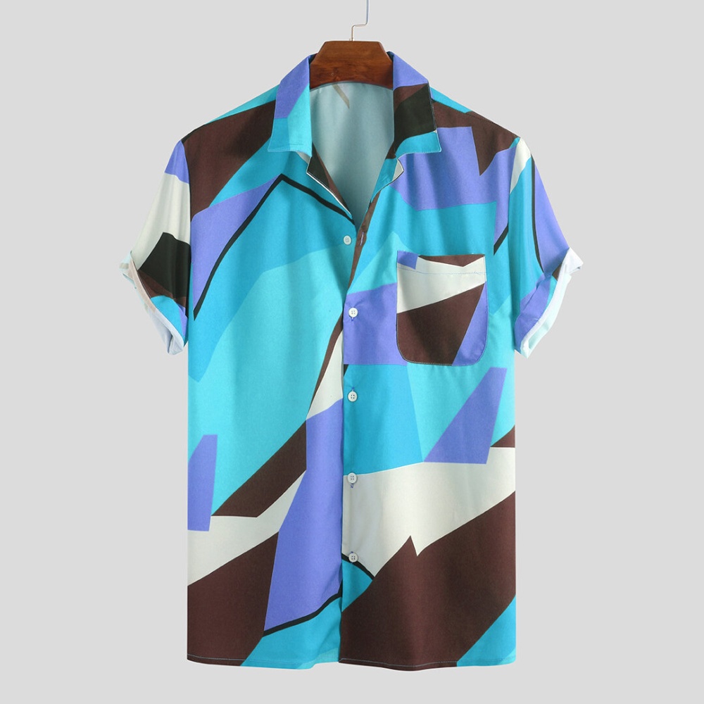 Mens Summer Colorblock Contrast Printed Casual Shirts - L Blue - Image 2