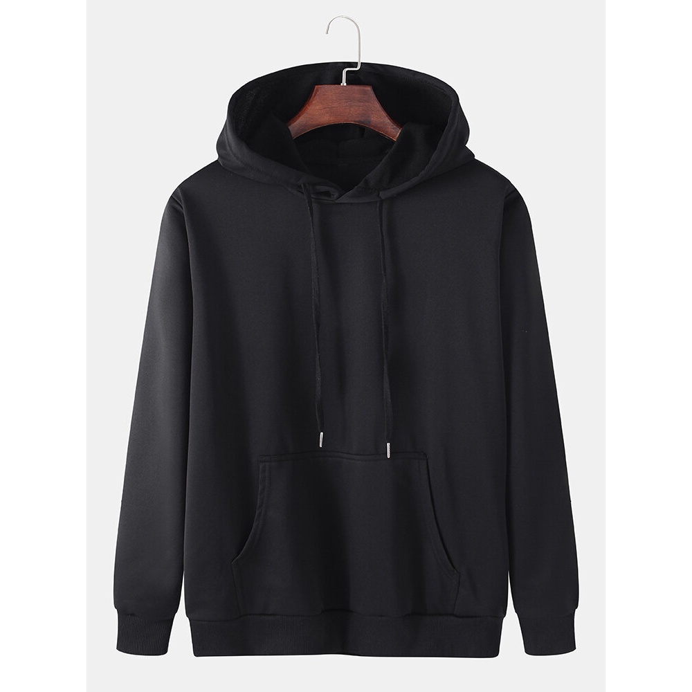 Cotton Mens kangaroo Pocket Casual Black Drawstring Hoodies - Black L