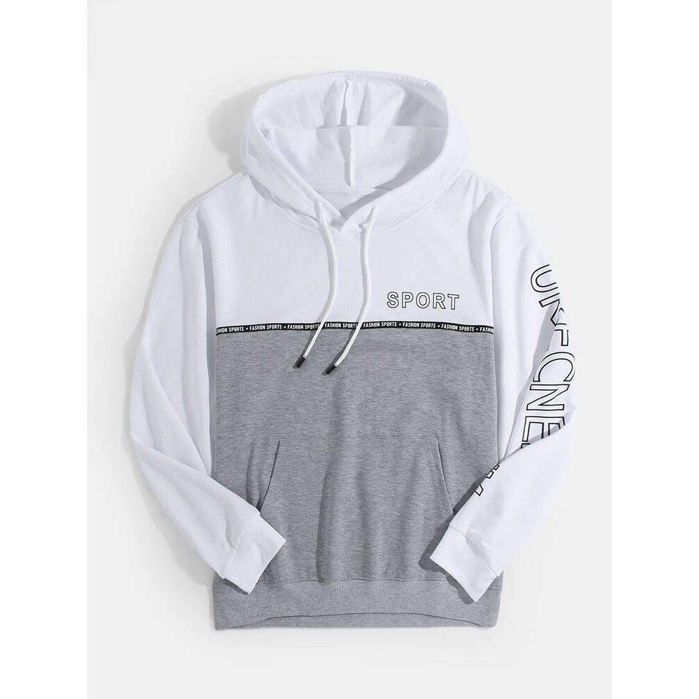 Mens Letter Print Patchwork White Cotton Long Sleeve Pocket Hoodies - White S